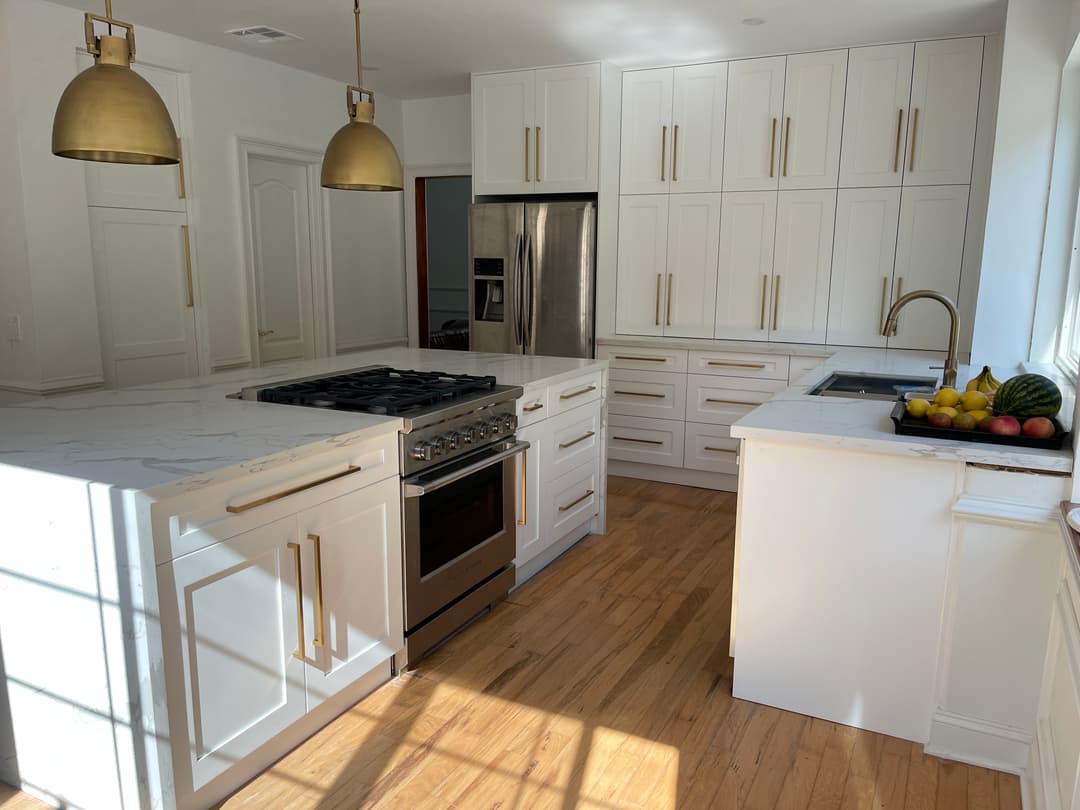 brand new remodeled kitchen with kitchen cabinets and appliances and island